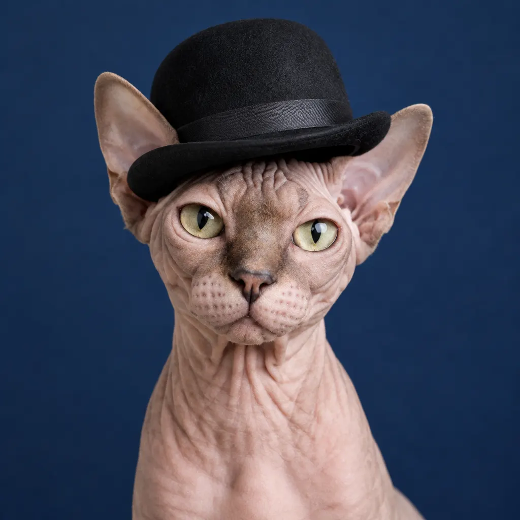 Hairless cat in a black bowler hat looking at the camera against a blue background