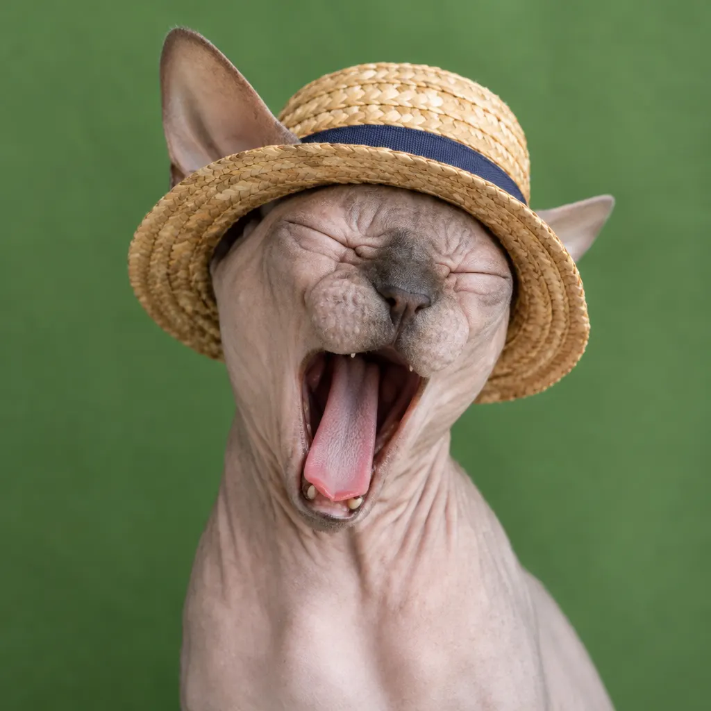 Hairless cat in a straw hat with a blue band, yawning widely against a green background