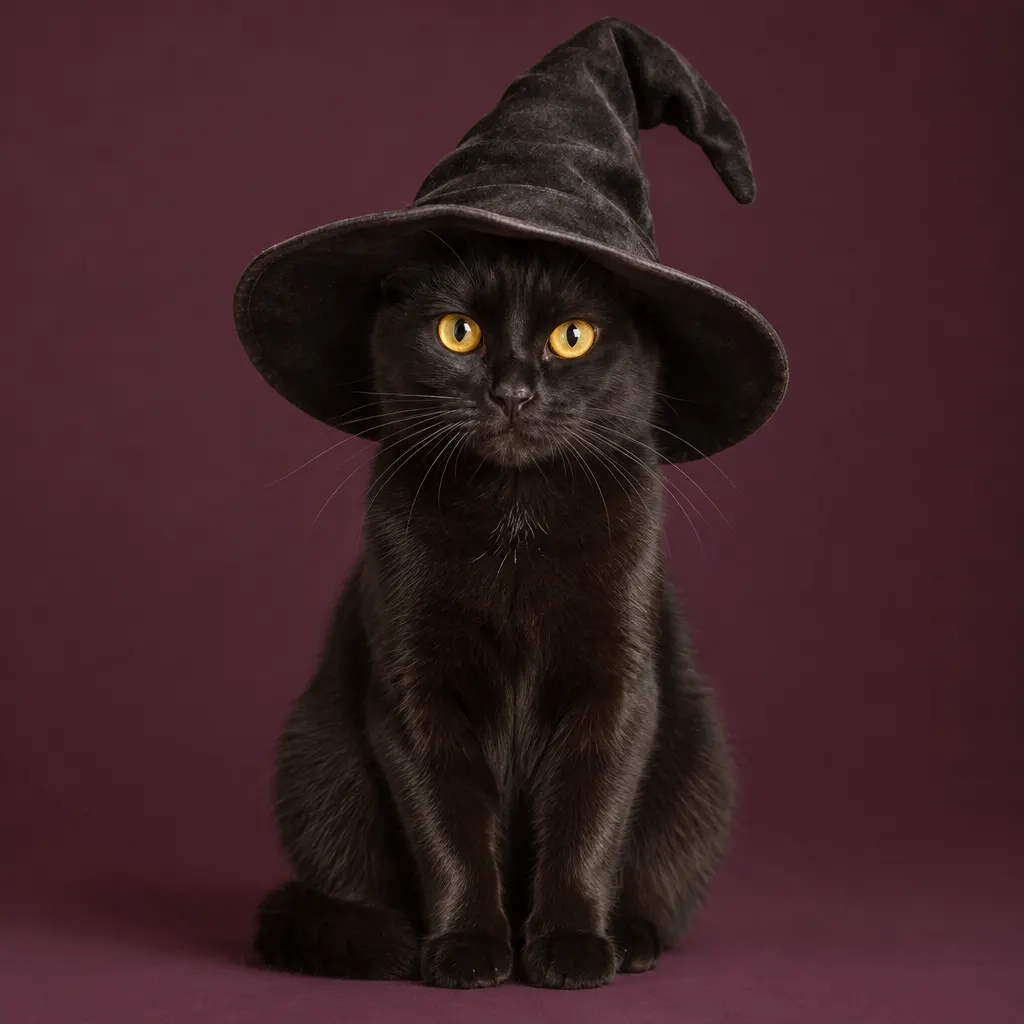 Sleek black cat with amber eyes sitting upright in a pointed witch's hat against a deep plum backdrop