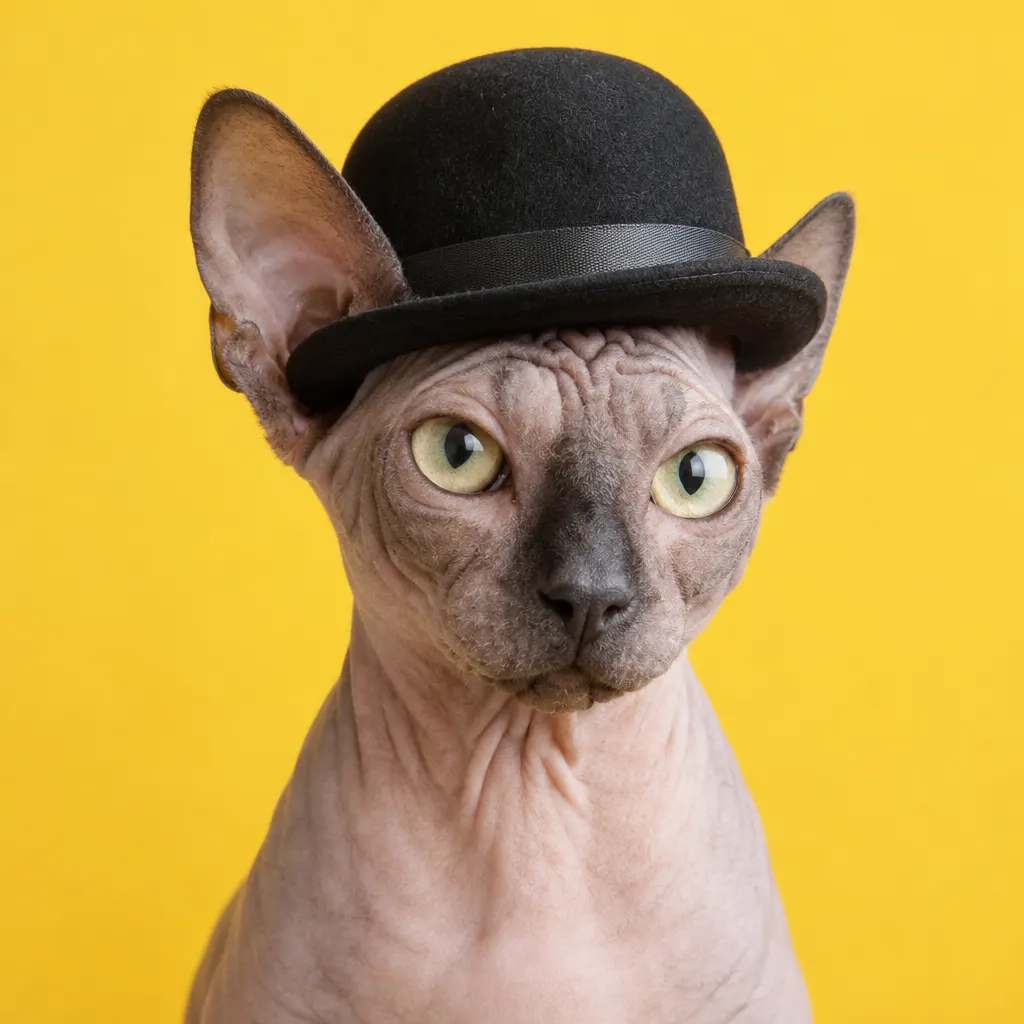 Hairless cat in a black bowler hat staring at the camera against a bright yellow background