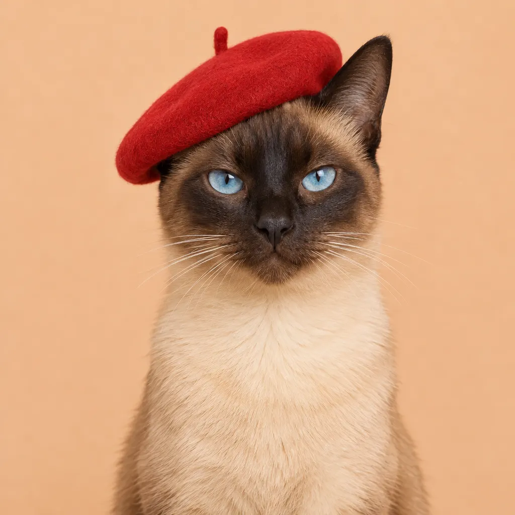 Seal-point Siamese cat with blue eyes wearing a red French beret tilted to one side, against a soft peach backdrop