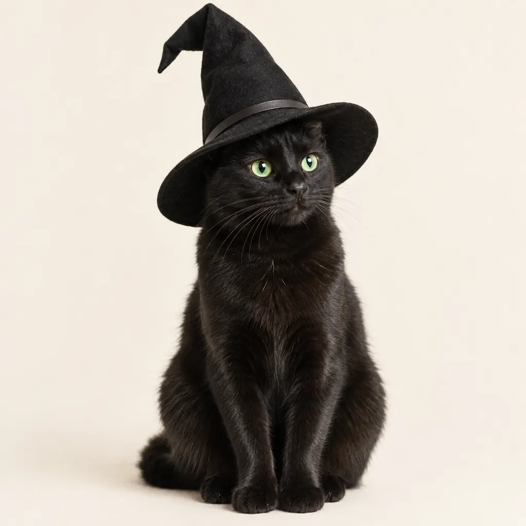 Glossy black cat with bright green eyes sitting upright in an oversized pointed witch's hat against a light cream background